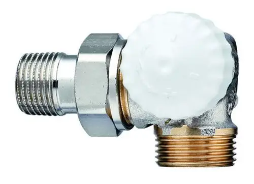 Thermostat-Ventilunterteil mit einem Außengewinde und einem weißen Regelknopf. Das Produkt stammt von IMI Hydronic Engineering und hat eine Winkeleck-Form.
